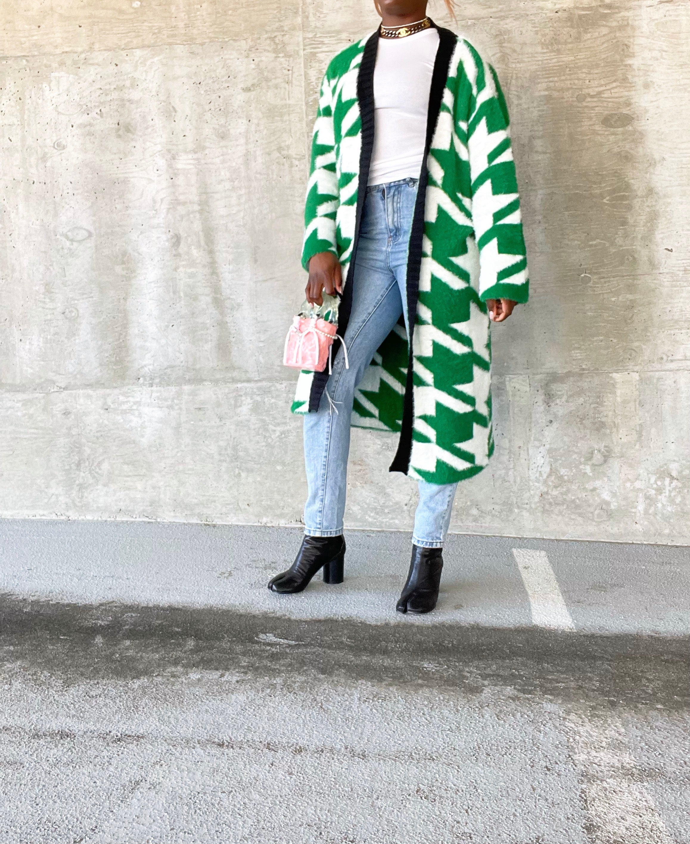 Green and White Long Cardigan